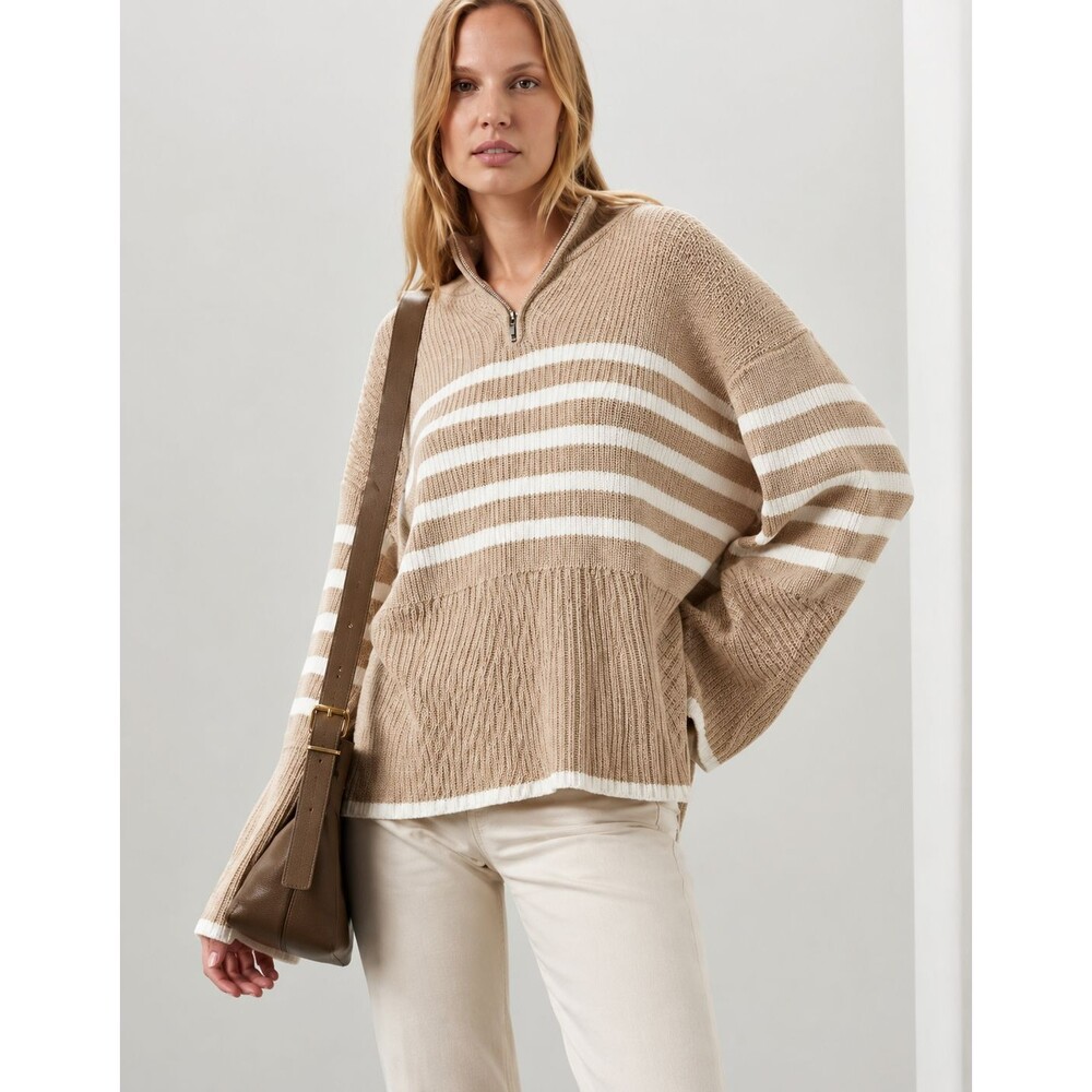 Rails Medium Tessa Sand Stripe Mock Neck Quarter Zip Ribbed Knit Sweater Boxy